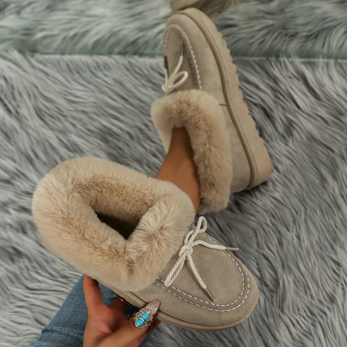 New Solid Color Furry Females Feetwear Women Winter Cotton Shoes Plush Warm Snow Boots Ladies Casual Flat Short Boots