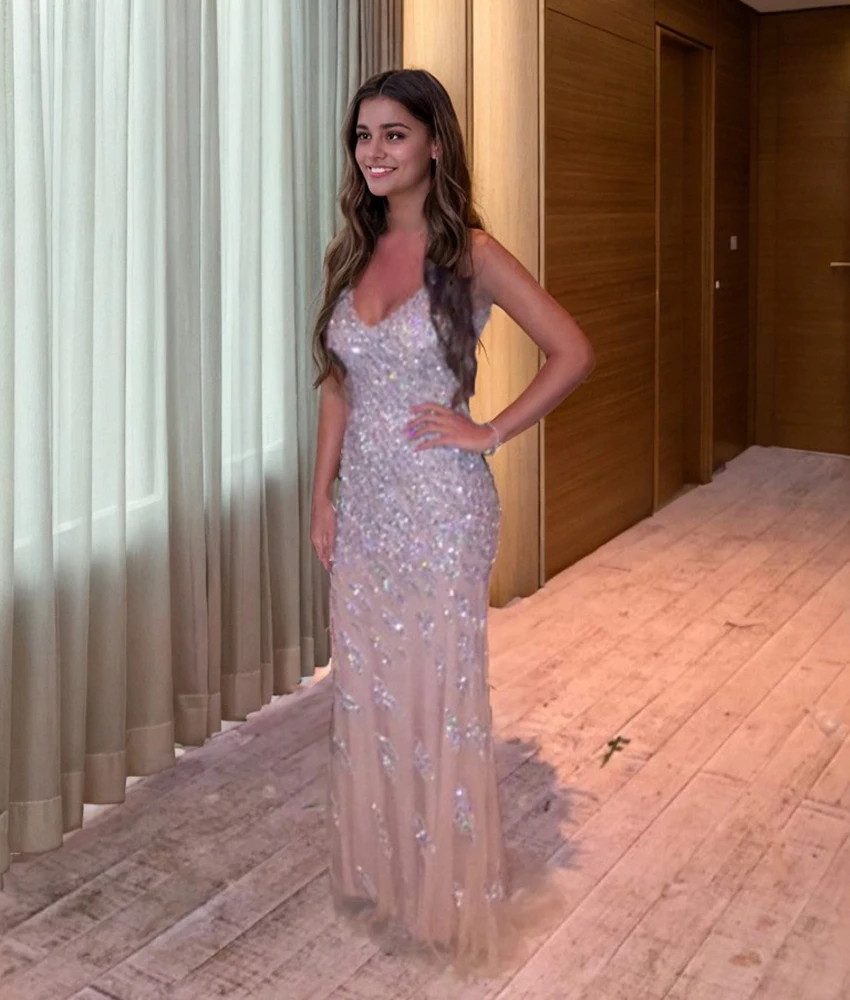 

Customized Luxury Organza Mermaid Spaghetti Straps Crystal Evening Dress Temperament V-Neck Sleeveless فساتين سهرة