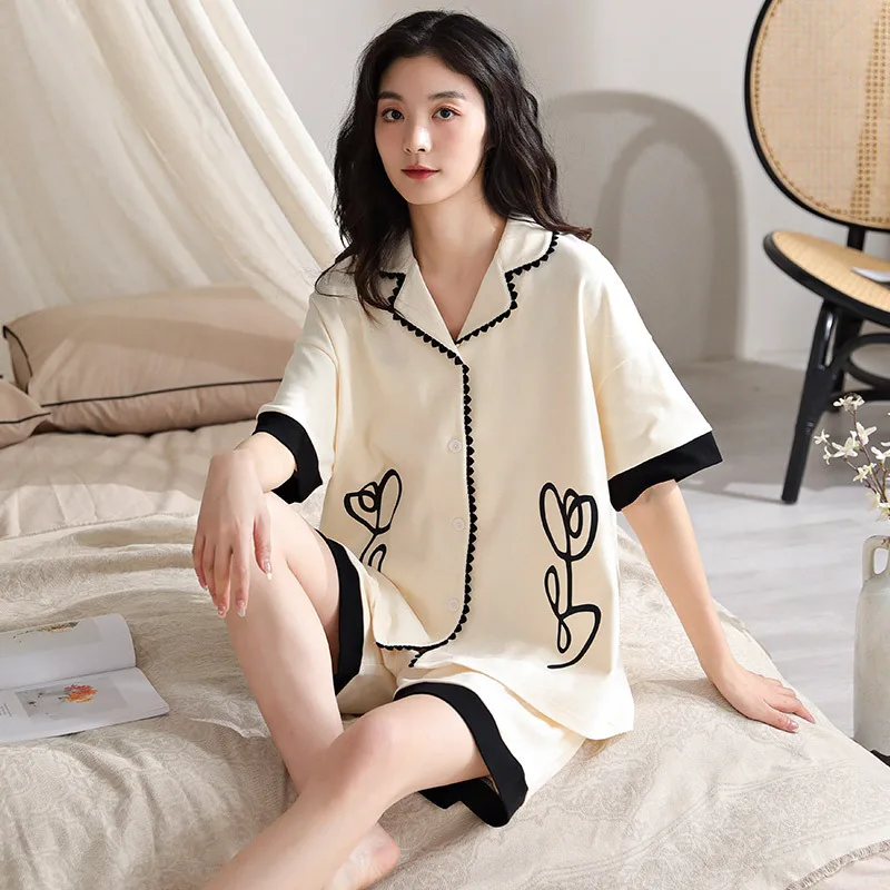 

2023 New Summer Pajamas Women's Simple Cotton Cardigan Lapel Short Sleeve Large Size High-grade Summer Shorts Home Wear Suit