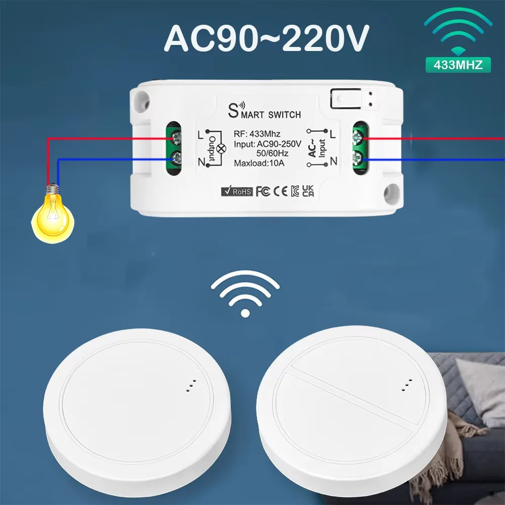 

Wenqia 433Mhz RF Wireless Remote Control Light Switch AC 110V 220V 10A Relay Receiver 100M Control Range for Fan Ceiling Lamp