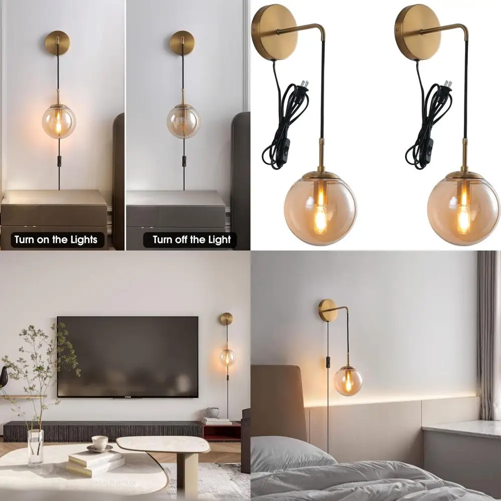 

Pair of Plug-in Wall Sconces with Amber Glass and Brushed Gold Finish