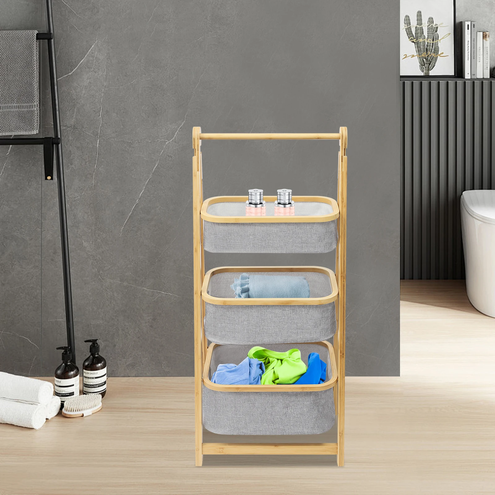 

3 Tier Fold Out Hamper Shelf Storage - Space Saving Collapsible Foldable Natural Bamboo Wooden Organizer Removable Baskets