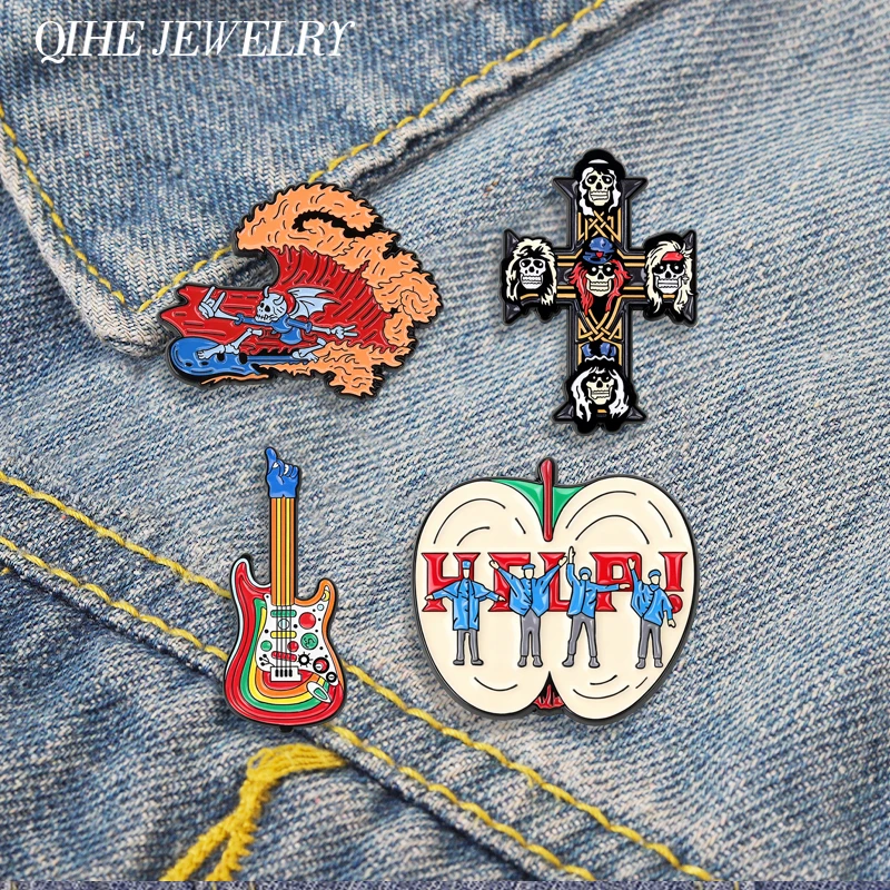Rock Band Retro Punk Skull Cross Enamel Pins Rainbow Electric Guitar Apple Help Brooch Lapel Badge Jewelry Gift for Fans Friends