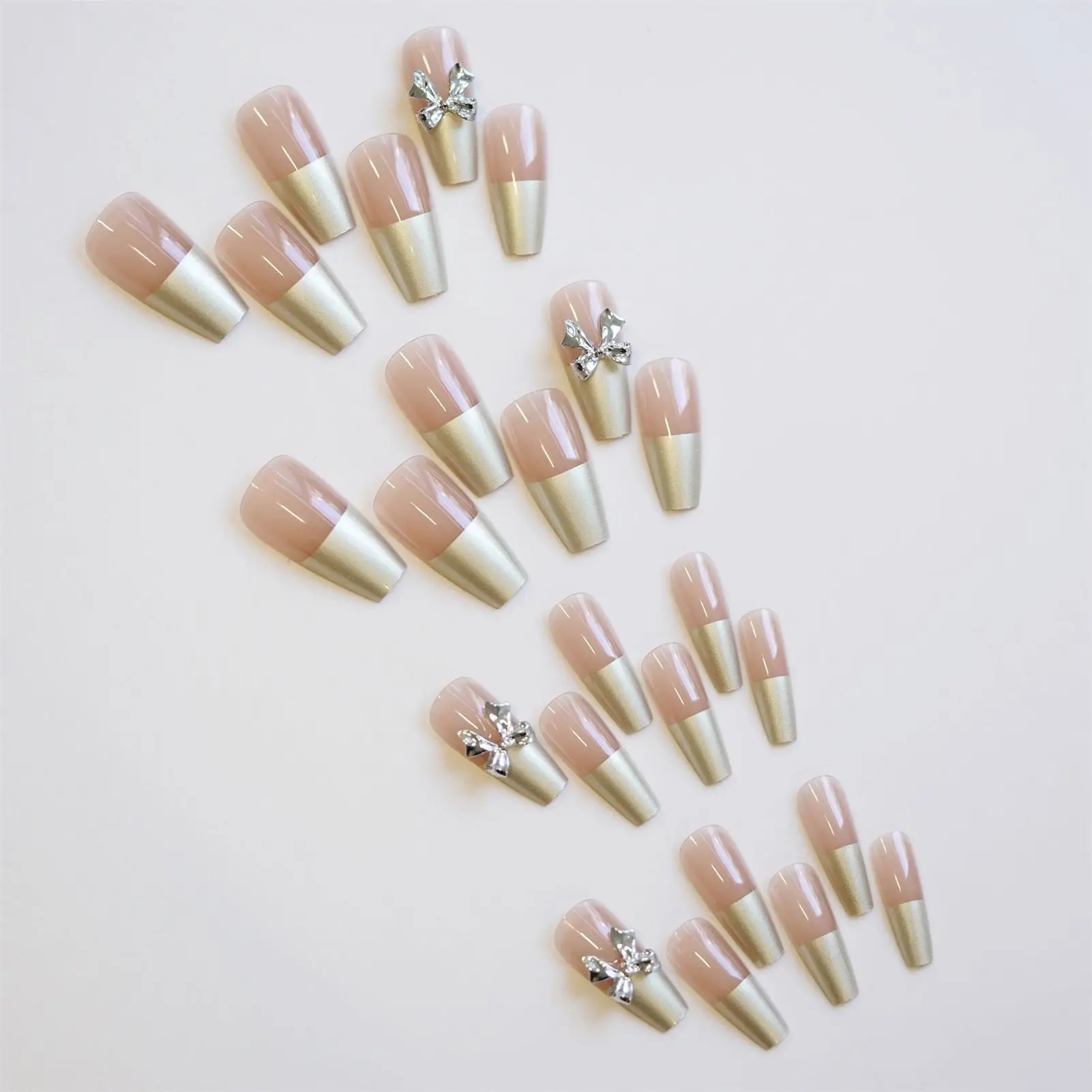 French Press-on Nail for Girls Nude and Gold Reusable Ballerina Artificial Nail for Hand Decoration Nail Art