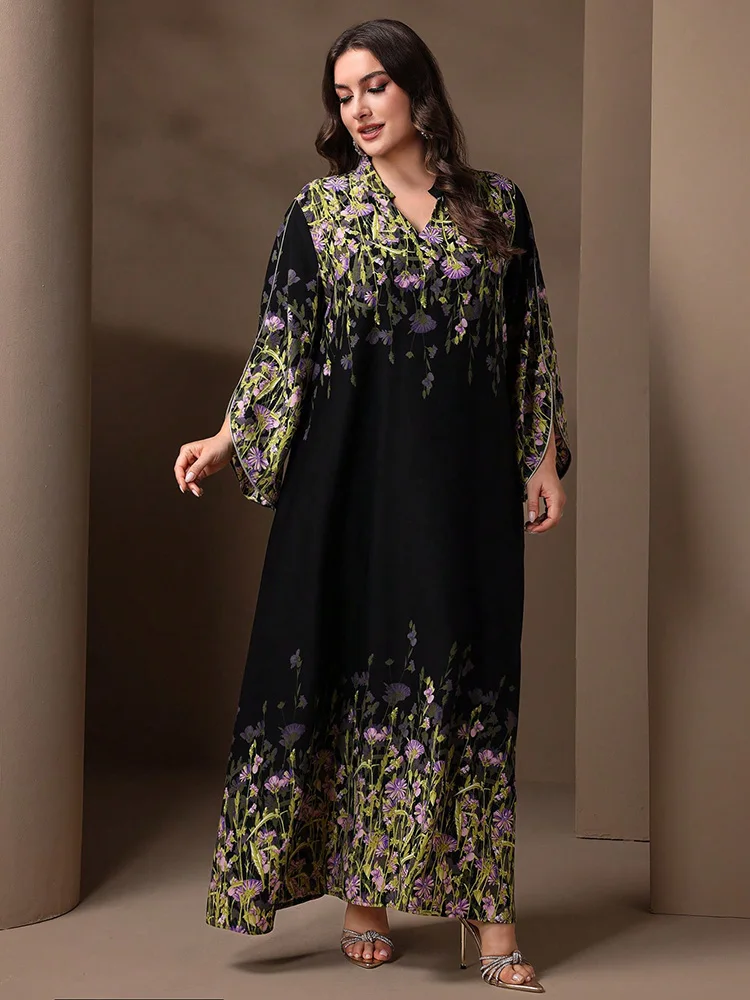 TOLEEN-Women\'s Eid Dress, Long Sleeve, A-line, Casual, Printed, Arabic Clothing, Fashionable and Elegant, Plus Size, Summer 2024