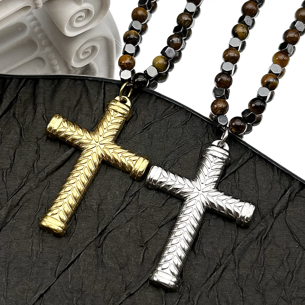 

Jesus Cross Christian Necklace for Men Women Stainless Steel Gold Color Religion Tiger Eye Stone Beaded Chain Jewelry Gifts