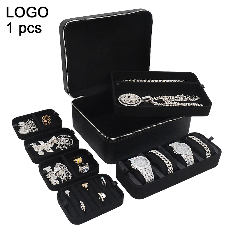 

Hot Sale Diversification Black Pu Leather Travel Jewellery Storage Organizer Case Luxury Traveling Portable Zip Ice Jewelry Box