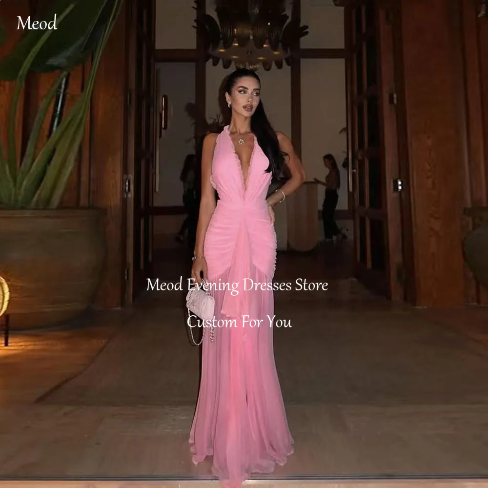 

MEOD Pink Chiffon Mermaid Prom Dress 2026 Deep V-neck Slit Women's Formal Evening Gowns Vestidos De Fiesta Elegantes Customized