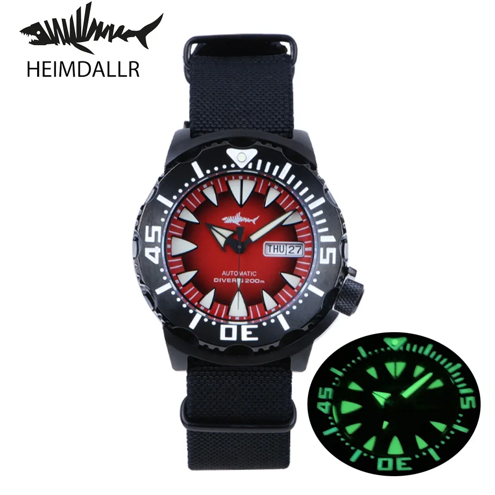 Heimdallr Monster Men's Diver Watch Red Dial Black PVD Coated Case Sapphire NH36 Automatic Movement 20Bar Waterproof C3 Luminous