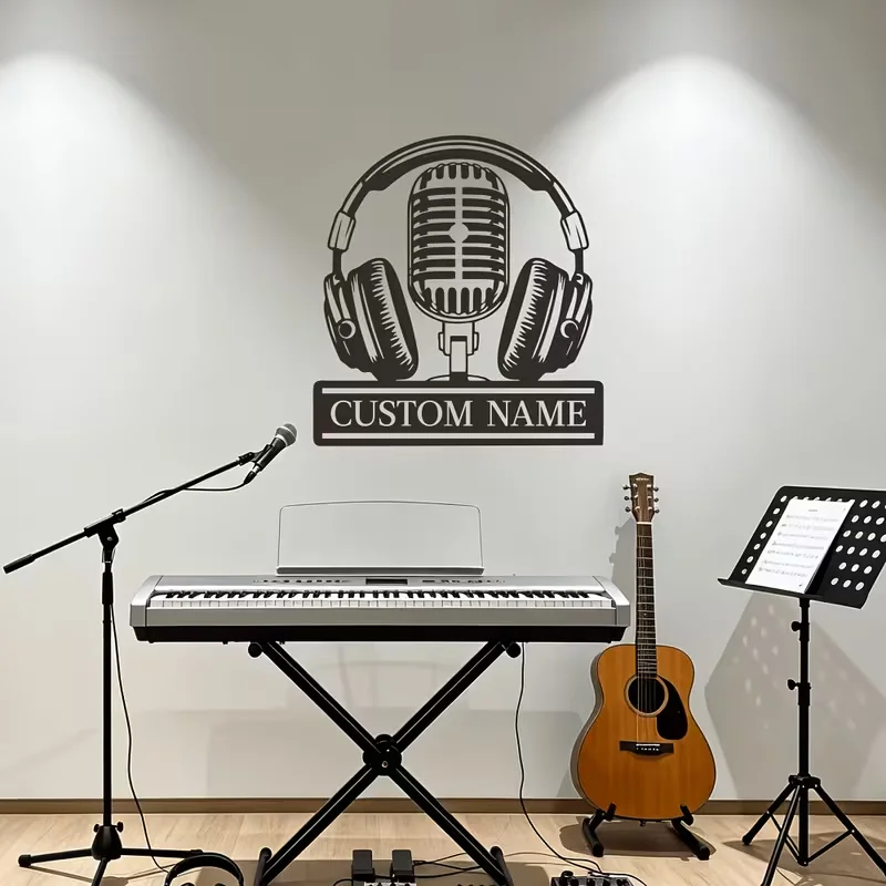 Custom Name Microphone Headphones Vinyl Wall Sticker, Personalized Music Studio Decor Decal with Retro Audio Equipment Pattern,