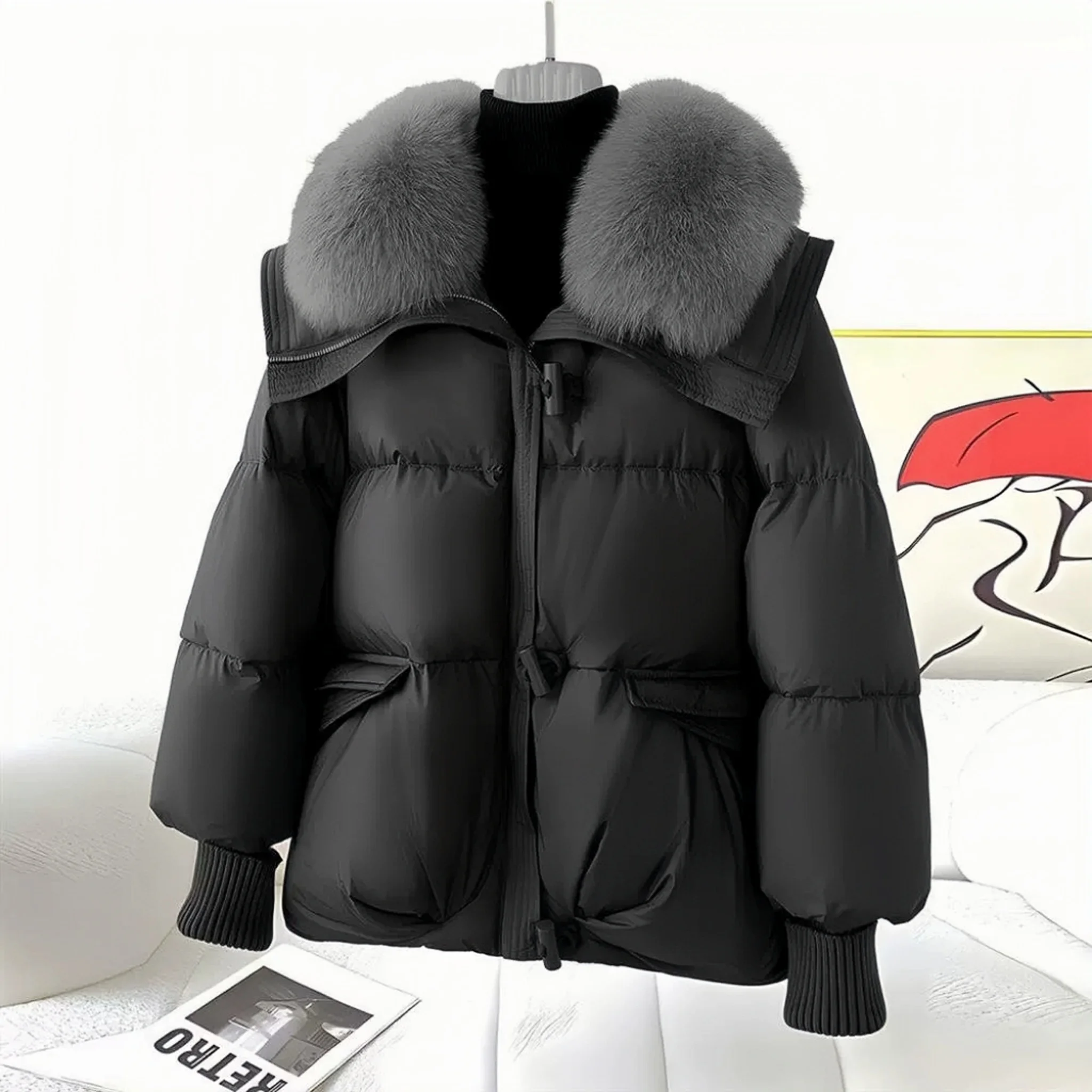 Large Collar Short Down Jacket, Maillard Fashionable and Foreign Style Thickened White Duck Down Faux Fur, Women's Winter New