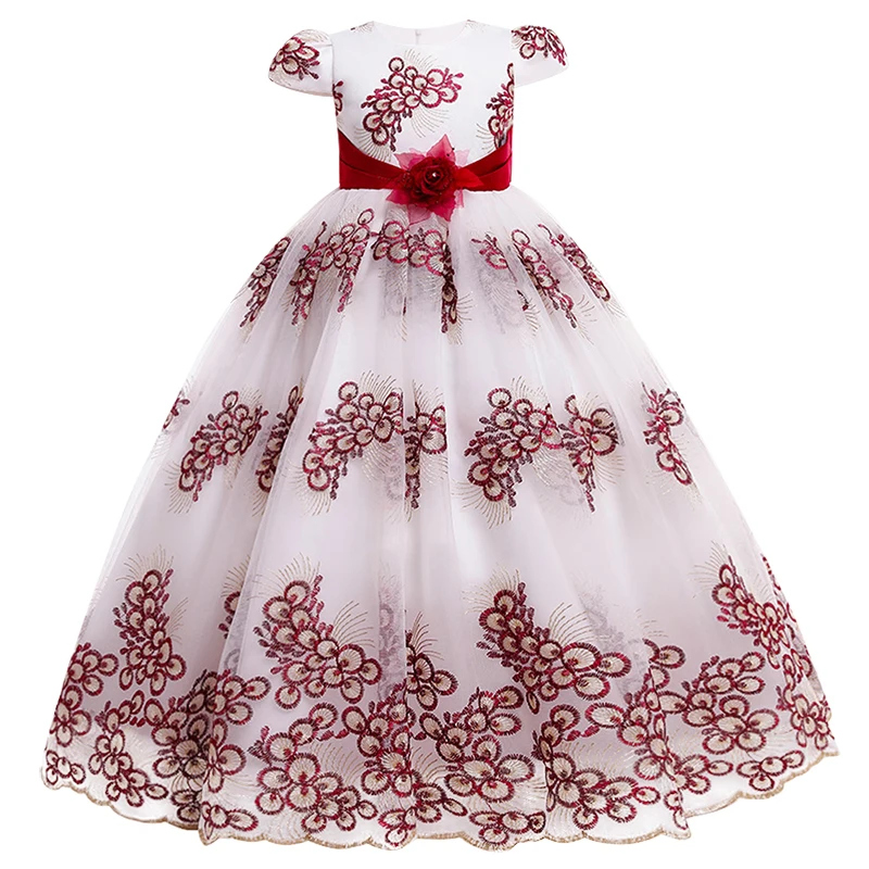 

New Christmas Ball Party Embroidered Jacquard Dress Princess Girl Lace Embroidered Flower Long Dress Children's Dress