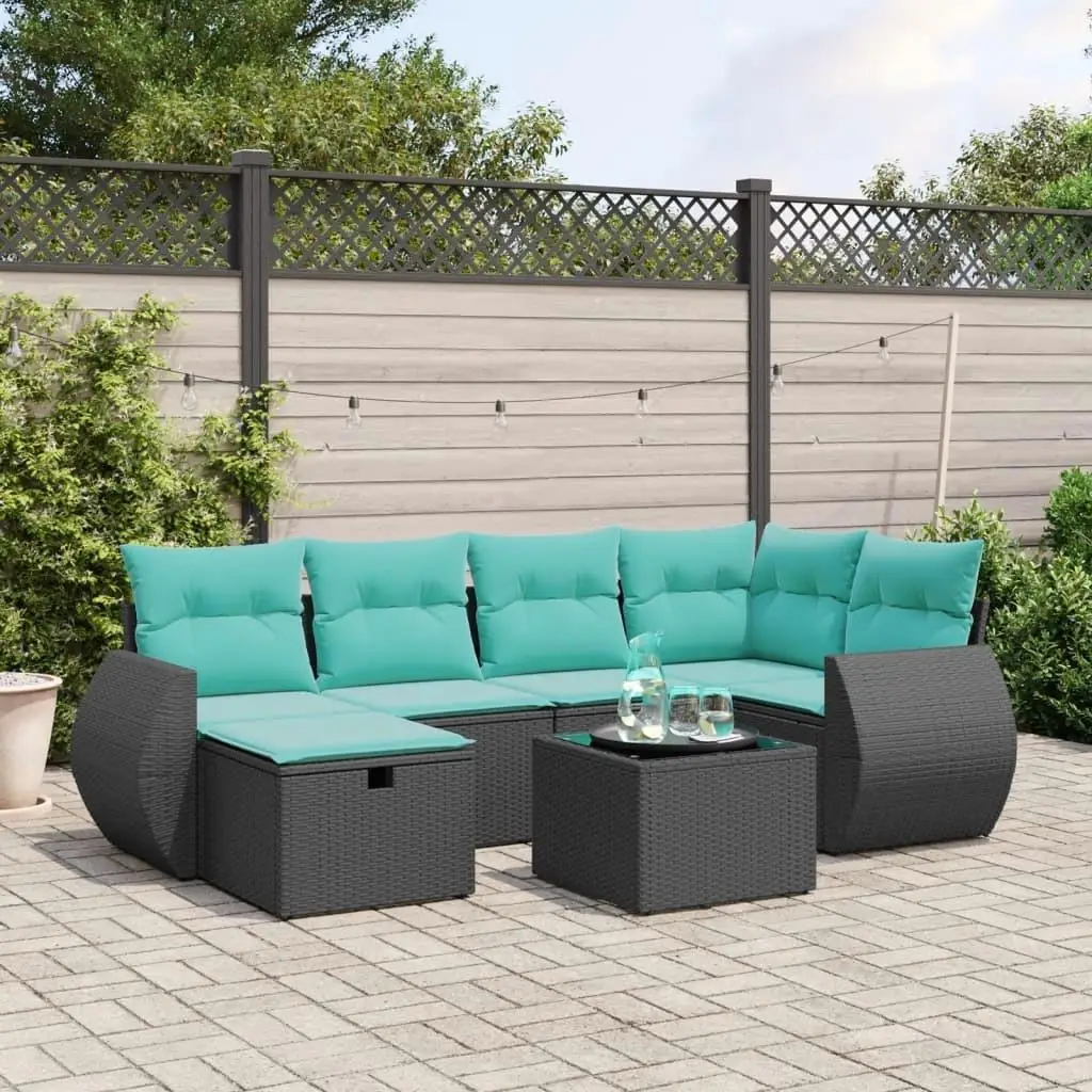 

7 Piece Outdoor Patio Sofa Set with Cushions Black Poly Rattan Furniture Garden Lounge