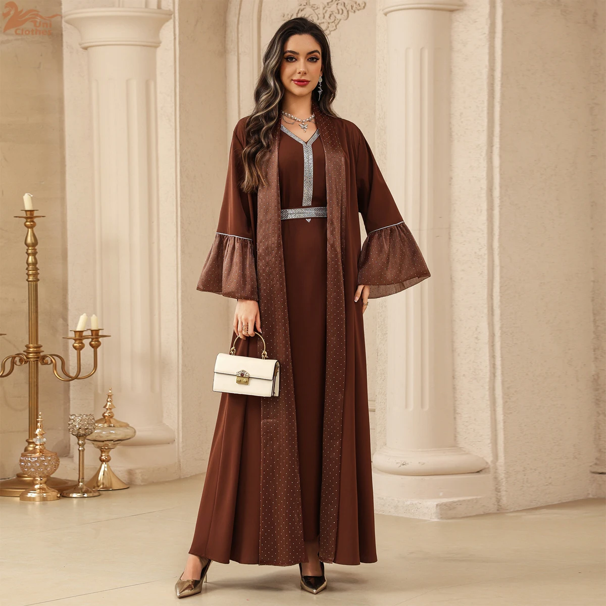 

2 Piece Set Muslim Abaya for Women Jalabiya Muslim Dresses Diamond Long Dress Ruffle Sleeve Party Kaftan Robe Eid Abayas Ramadan