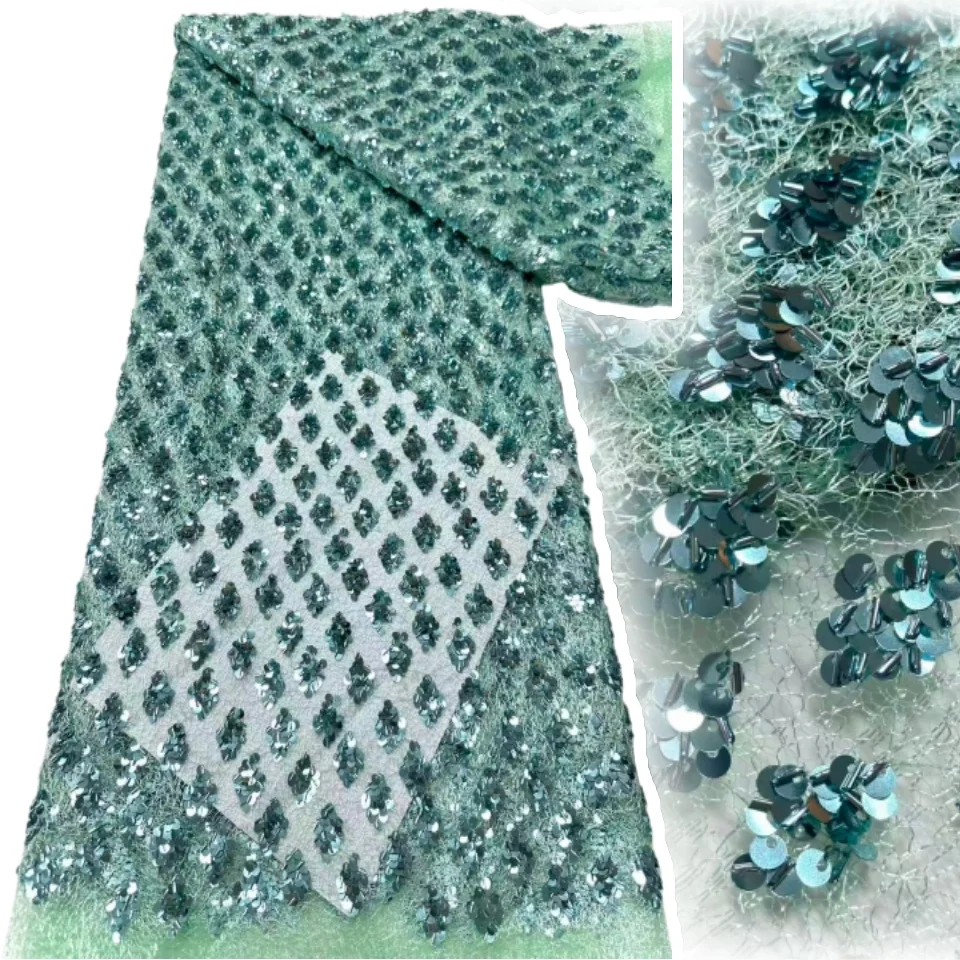 

2026 African Sequin Embroidered Lace Fabric 5Y High-Quality Nigerian Tulle Lace Fabric Suitable for Party Gown Sewing 1907