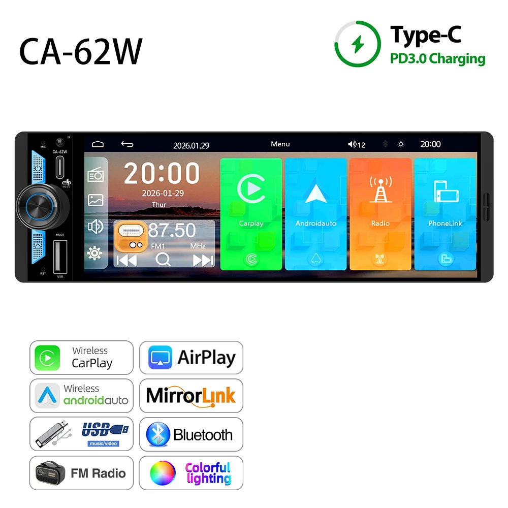 TFT-scherm 6,5 inch 1Din draadloze Carplay Android Auto autoradio MP5-speler Stereo Bluetooth FM AM RDS DSP Type-C PD3.0 Charge