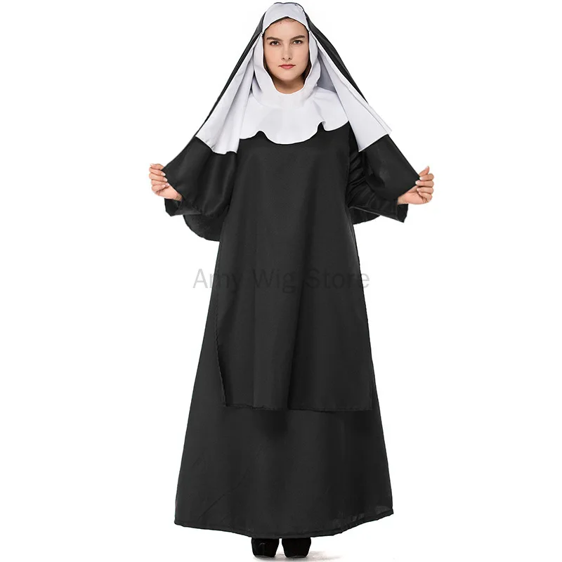 Costume d'Halloween pour Femme Adulte, Robe Noire, Vêtement Religieux, Catholique, Prêtre Ajustable, Cosplay, ix, Grande Taille