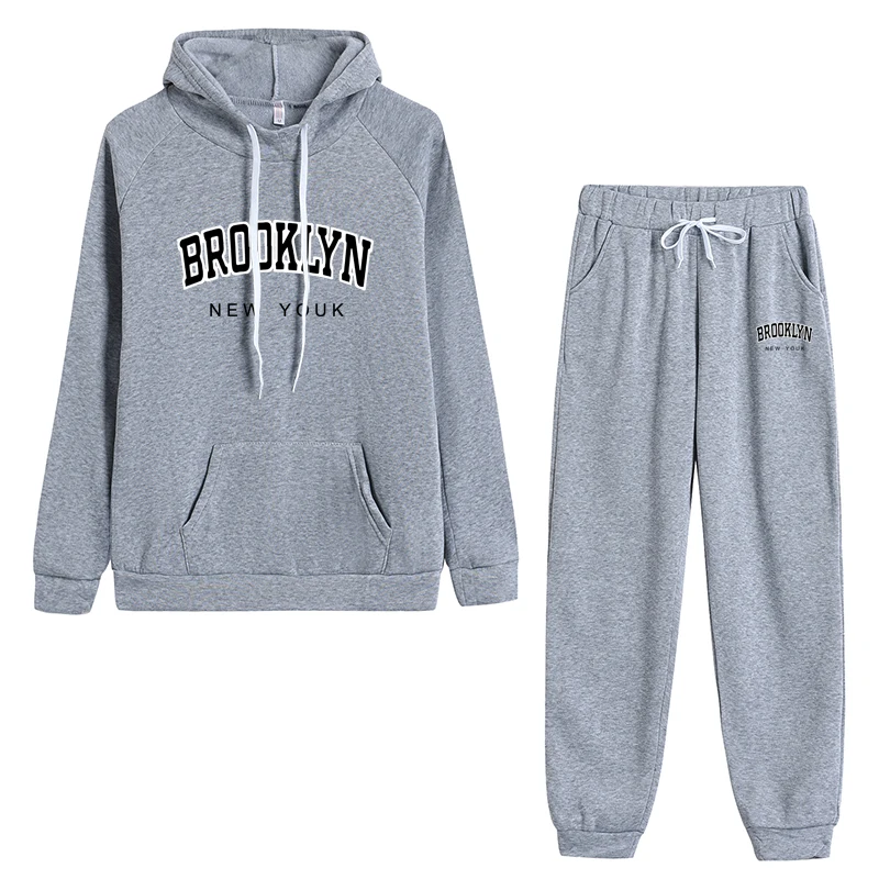 Womens Tracksuit Brooklyn Print Hooded Sweatshirts Suit High Street Casual Jogging Pants Set 2024 Autumn Winter Popular Clothing