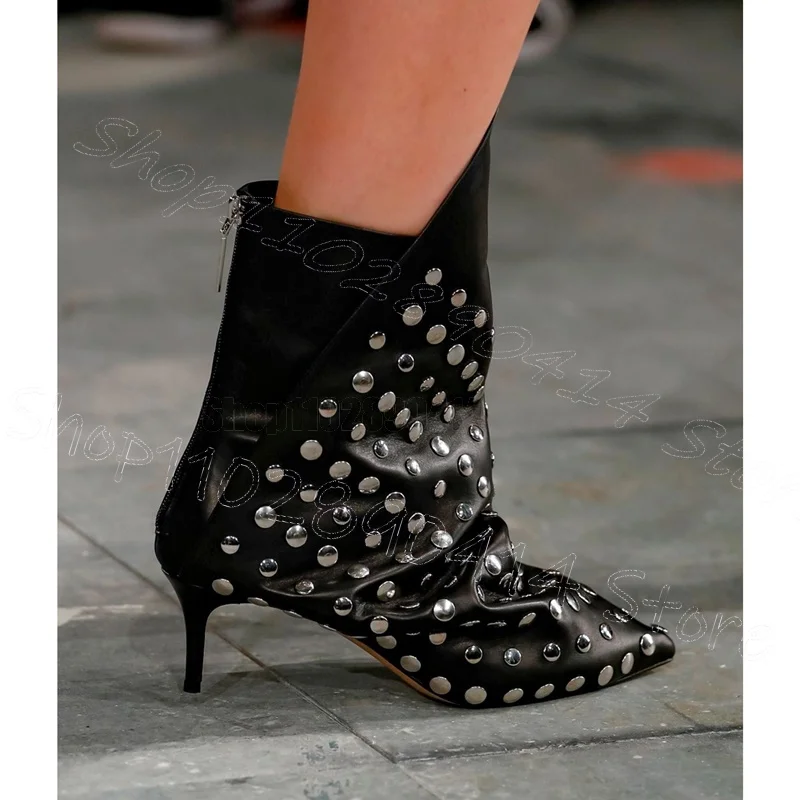 

Metal Rivets Black Pointed Toe Mid Calf Boots Back Zipper Women Shoes Thin High Heels Sexy Party Dating 2025 Zapatos Para Mujere