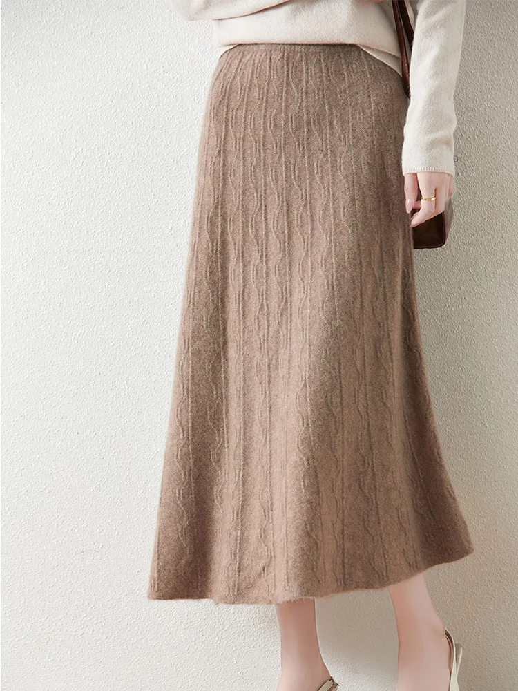 Grace Women Wool Skirts Autumn Winter A-Line Office Lady Cashmere Skirts 100% Merino Wool Knitwear Wave Cut Elastic Waist Skirts