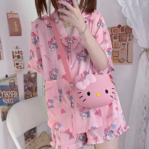 Sanrio Kuromi Hello Kitty Pajamas Women Nightgown Loose Cute Soft Girl Summer New Short Sleeved Sleepwear Home Clothe Sets Y2k