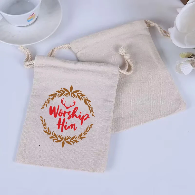 

10pcs/Christmas Element Series Cotton Small Drawstring Bag Cotton Household Small Item Storage Bag Travel Canvas Portable Bag