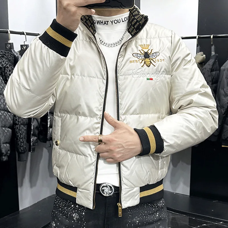 2024 abrigo de Color sólido brillante con cuello levantado, chaqueta de invierno de manga larga para hombre, chaqueta con estampado de letras, chaqueta de plumón de alta calidad para hombre