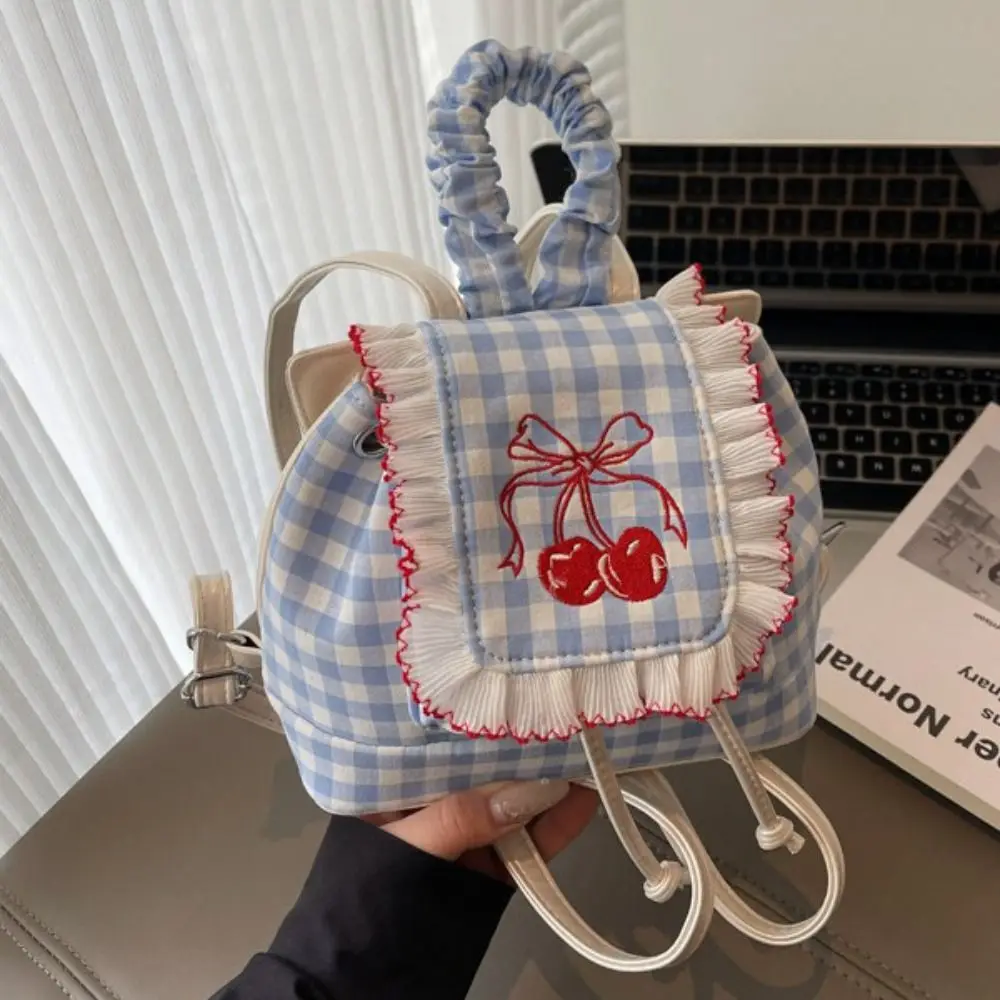 

Fashionable Korean Style Lace Plaid Backpack Travel Commute Cherry Backpack Canvas Book Bag Bow Shoulder Bag Summer