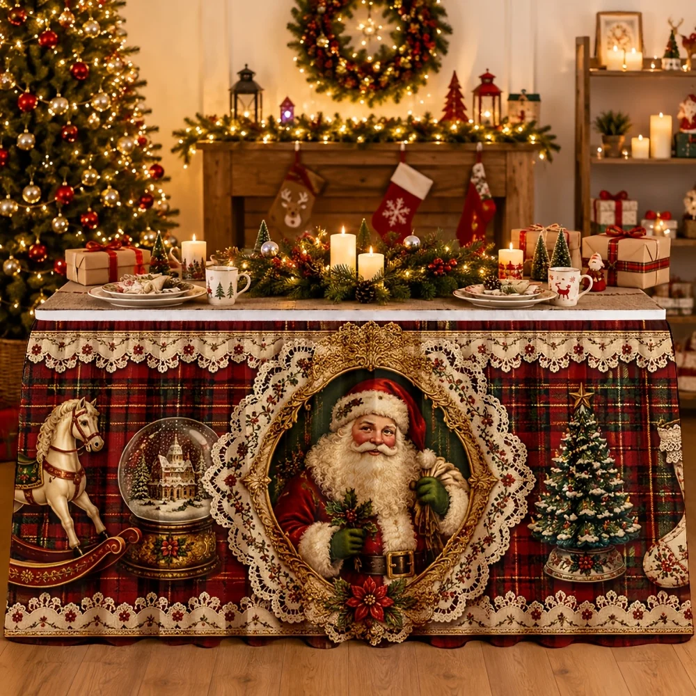 One table skirt with a festive Christmas pattern design, featuring a Santa sleigh bell, snowball tree decoration.