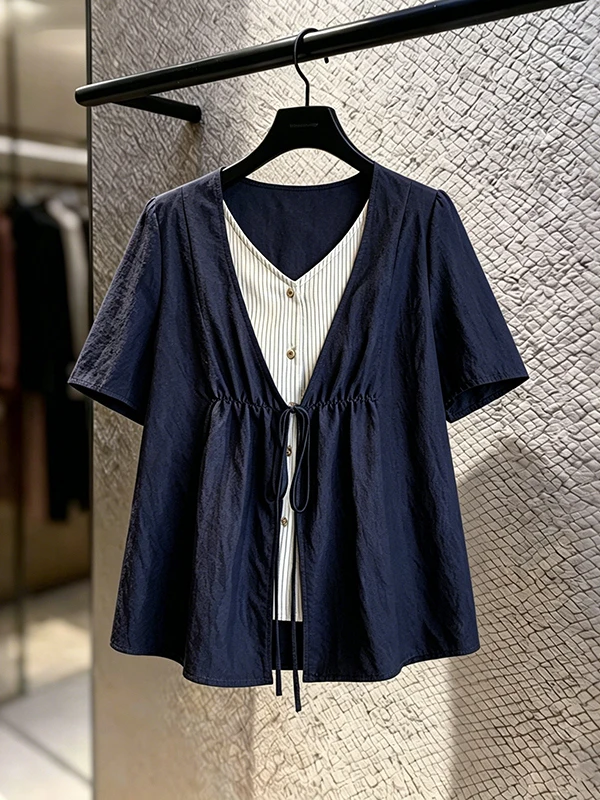

Summer New plus Size Women's Denim Stripe Shirt Cardigan Fake Two-Piece Versatile Top Korean Style Commute Fashion
