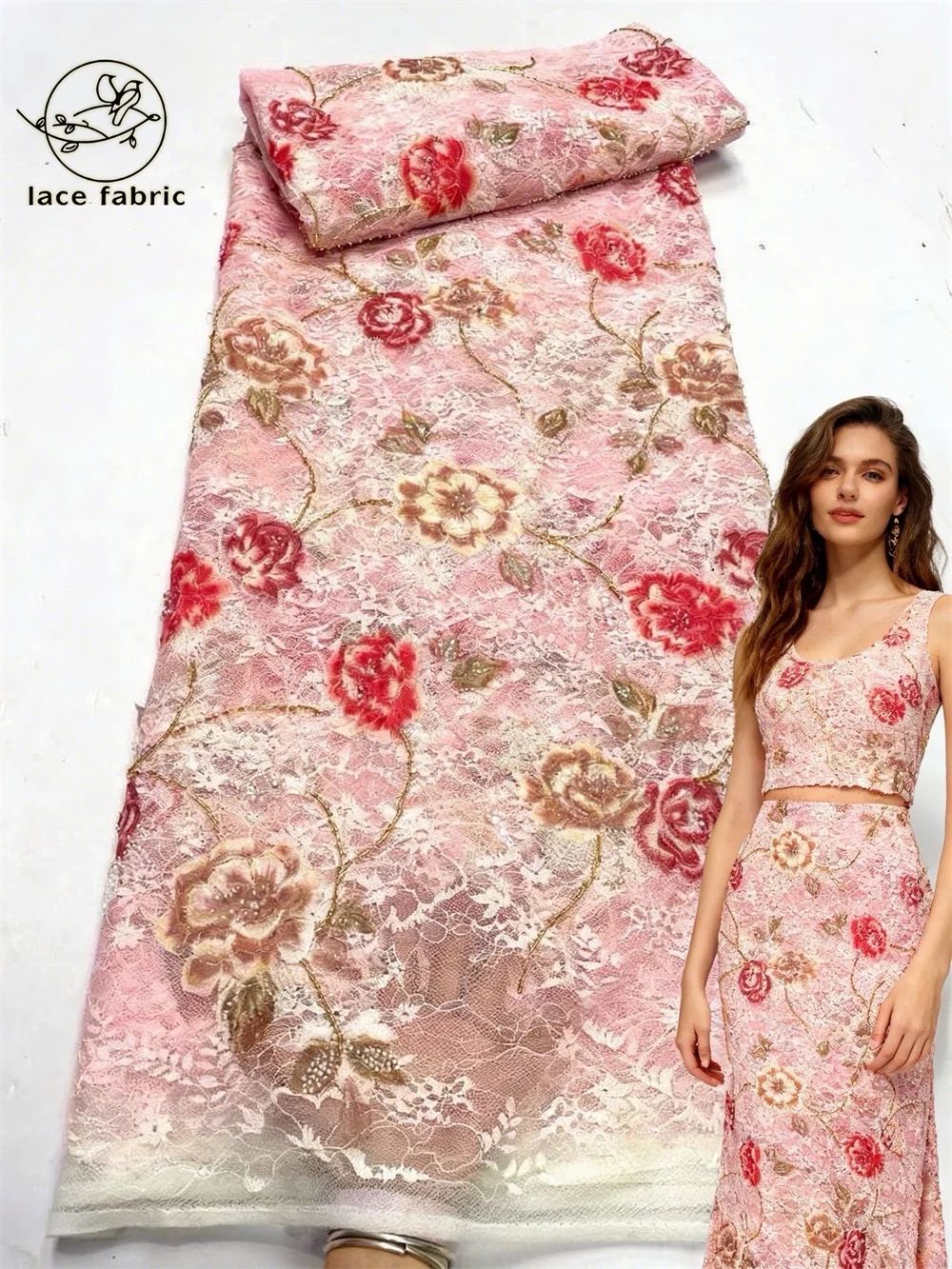 

2026 Luxury French Sequins Lace Fabric Tube Beads African Nigerian Embroidered Tulle Lace Fabric For Women Wedding Dress Sewing