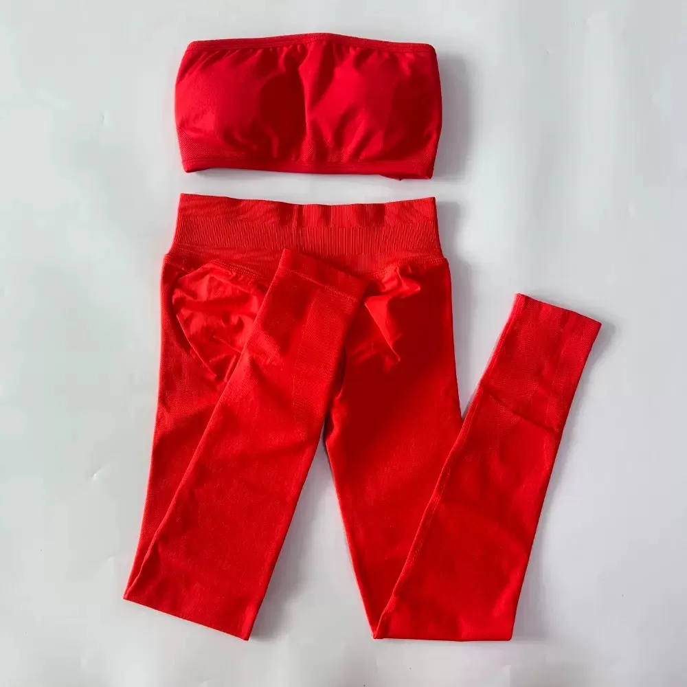 2026 New Women Seamless Yoga 2 Piece Set Bandeau Tube Top High Waist Scrunch Butt Leggings Gym Fitness Workout Sportswear