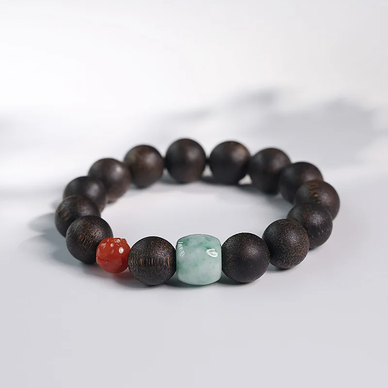 Natural Brunei Bracelet Single Circle with Spicy Green Jade as Right as Rain Red Agate Buddha Men's Domin