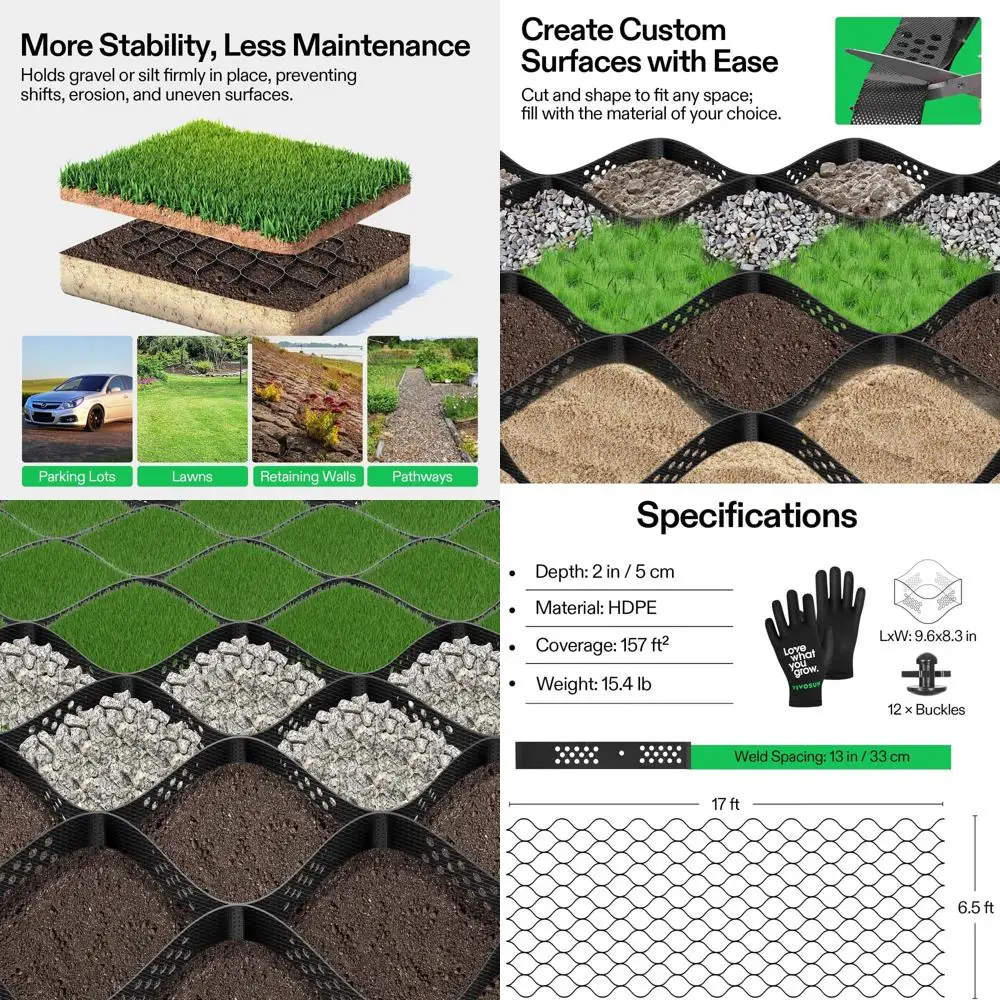 

Foldable HDPE Geocell for 1885 lb/sq ft Load, 6.5x17 ft, Ideal for Gardens, Driveways, Pathways, Slopes