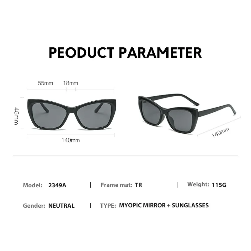 VCKA Prescription Glasses For Myopia -0.5 to -10 Men Women Cat Eye Magnetic Sunglasses Clip Blue Light Blocking Shortsighted