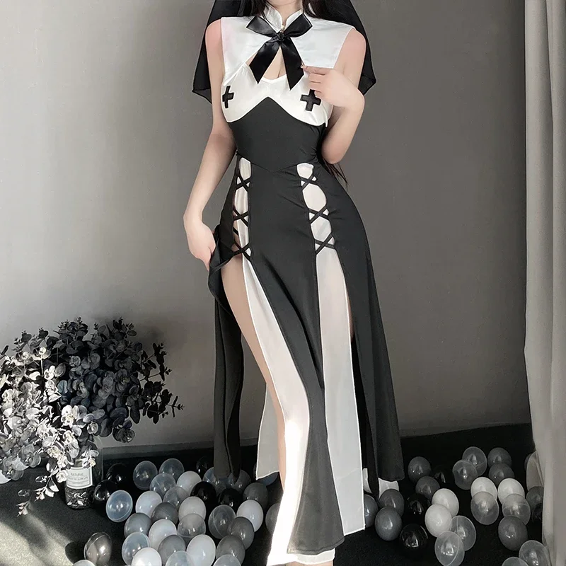 

Nun Uniform Cosplay Women Sexy Lingerie Kawaii Black Hollow Sleeveless Dress Halloween Cross Anime Maid Carnival Party Costume