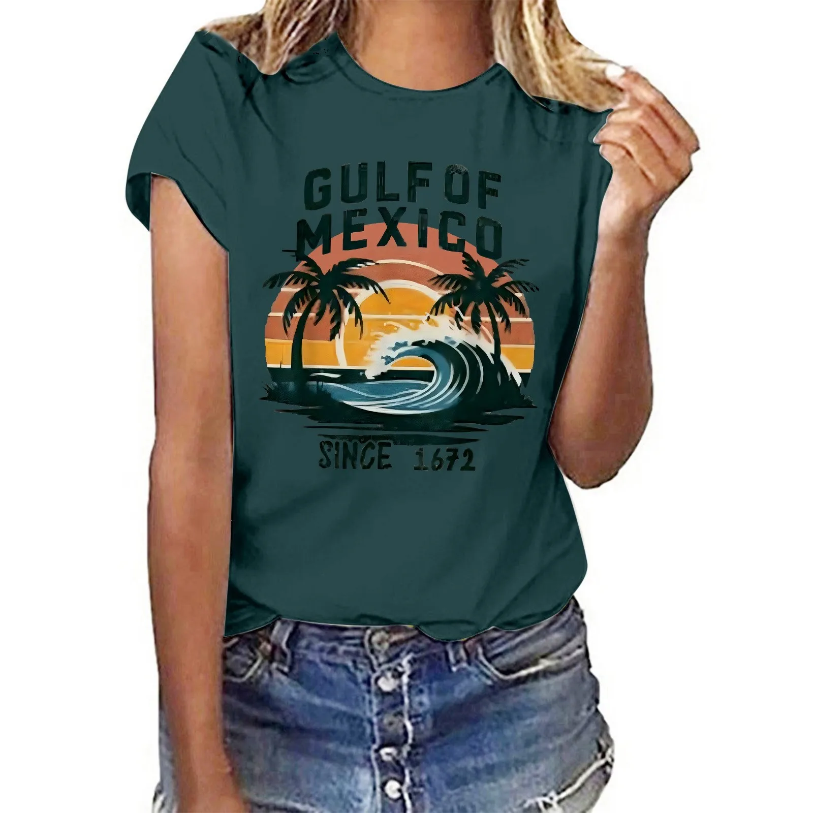 Gulf of Mexico Since 1672 T Shirt for Women Women's Letter Print Crew Neck Short Sleeve T Shirt Tee Shirt Tops Female Clothes