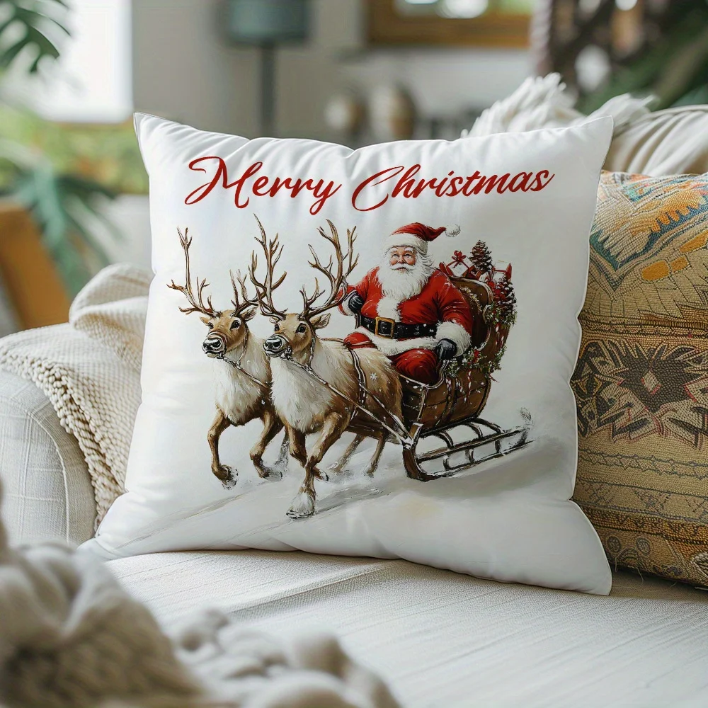 Happy Holidays Santa Claus Christmas Sleigh Double Sided Pillow Cover Concealed Zipper Sofa Bed Car Living Room No Insert