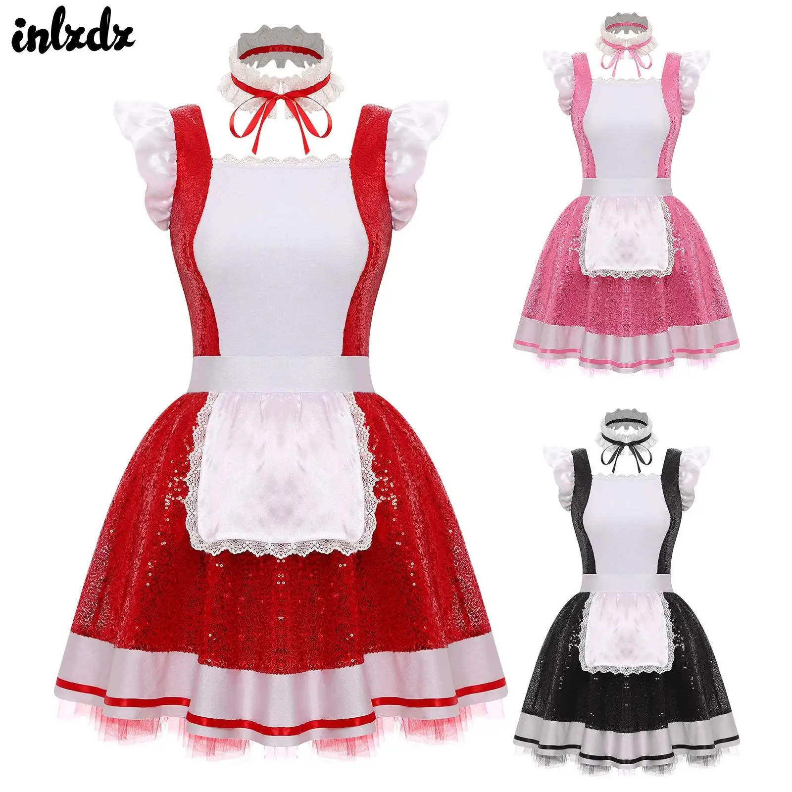 

Womens Halloween Lolita French Maid Cosplay Costume Glittery Sequin Ruffled Lace Trim Apron Tulle Underskirt Dress And Choker