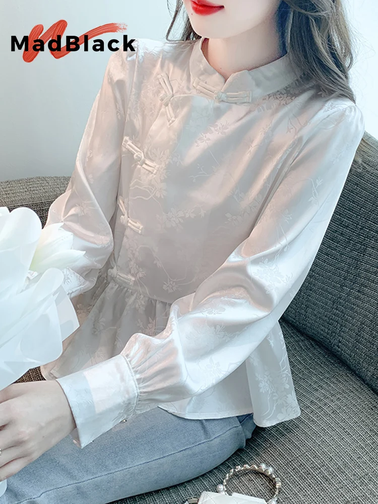 

MadBlack-Женская европейская рубашка, сексуальные жаккардовые пуговицы-стойки, свободная блузка S-2XL в стиле ретро с расклешенными рукавами, весна 2026 T5D011CC