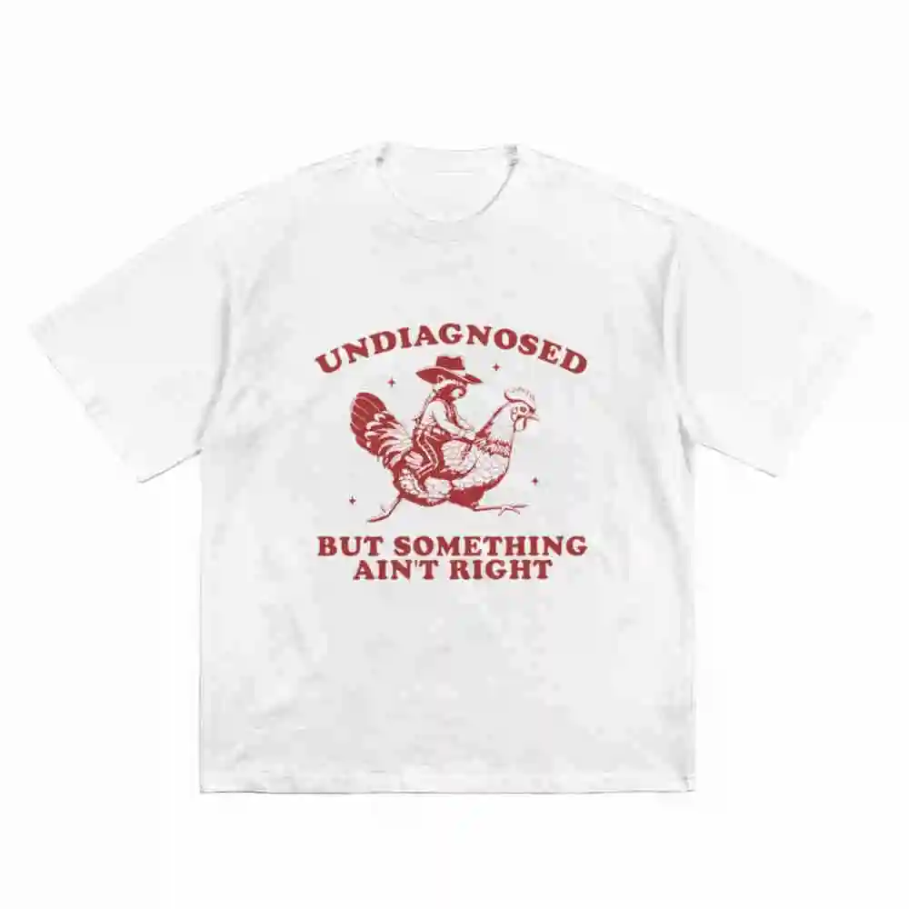 Retro Chicken And Western Comedy Red Rooster Undiagnosed But Something Feels Off Short Sleeve Tee 100% Cotton T-Shirt view 2