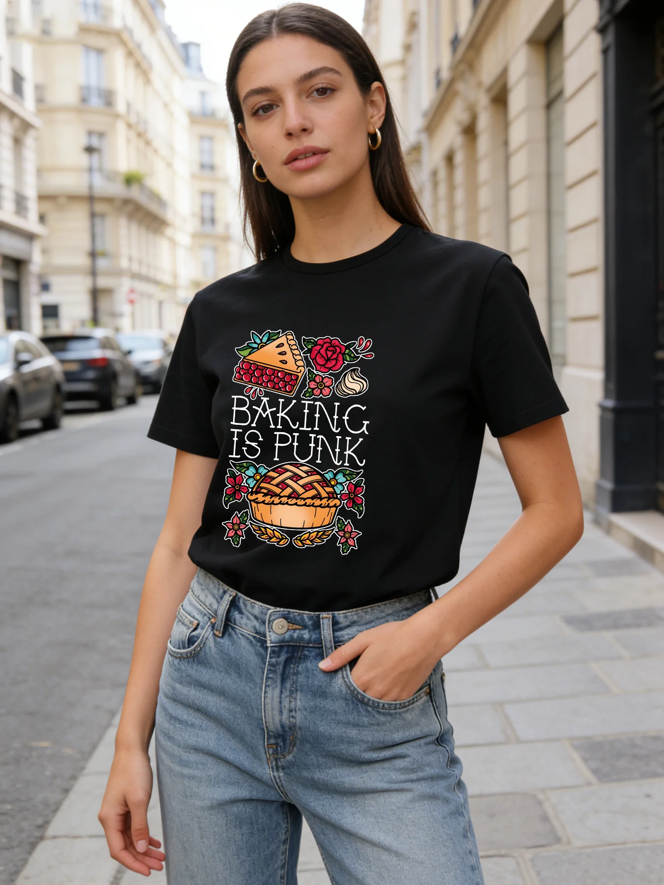 

2026 Spring/Summer New Women's Round Neck Fashionable Casual Cute Baking Lover Top/T-Shirt
