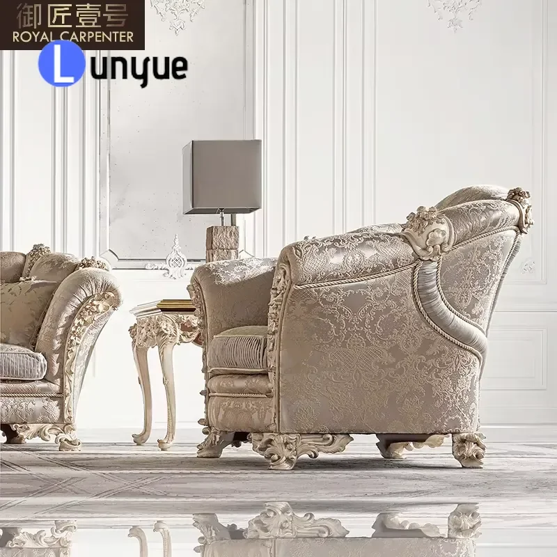 Luxury Neoclassical Solid Wood Carved Fabric Sofa European French Style Living Room Furniture for Large Rooms Elegant Vintage