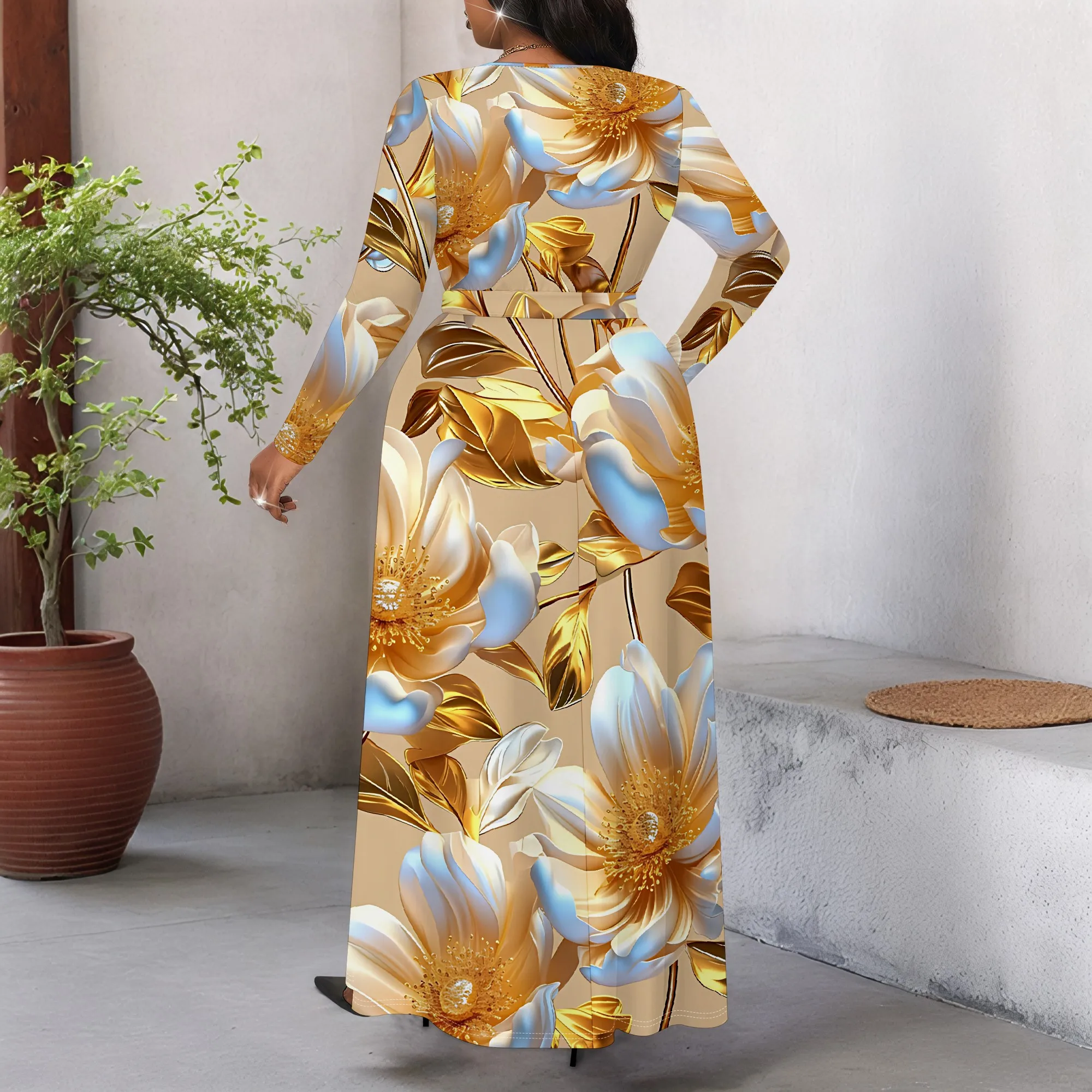 Gaun Wanita Ukuran Besar Lengan Panjang dengan Ikat Pinggang, Gaun Saku Modis Cetak 3D