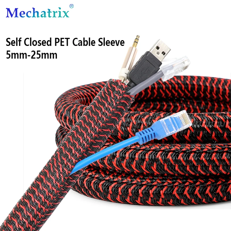 1-50M Red Black Self Closed Cable Sleeve 5mm-25mm PET Braided Auto Line Management Overlaps Loom Split Pipe Tube Wire Organizer