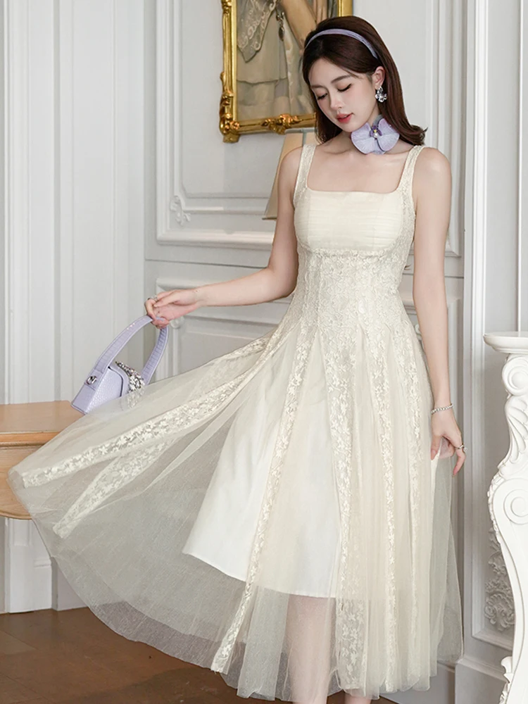 Neue frauen Spitze Tüll Saum Sling Schlank Maxi Kleid Elegante Formale Party Abendkleid Robe Dame Kleidung Süße Vestidos Fiesta urlaub