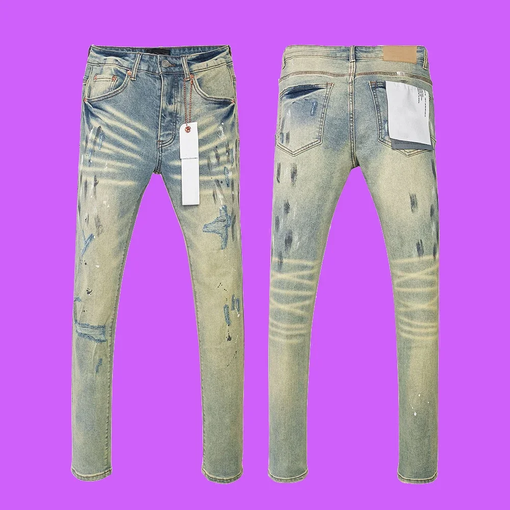 New Purple roca Jeans Pants American High Street brand Paint Faded Indigo Paint Repair Low Rise Skinny Destroy Wash Men's Jeans