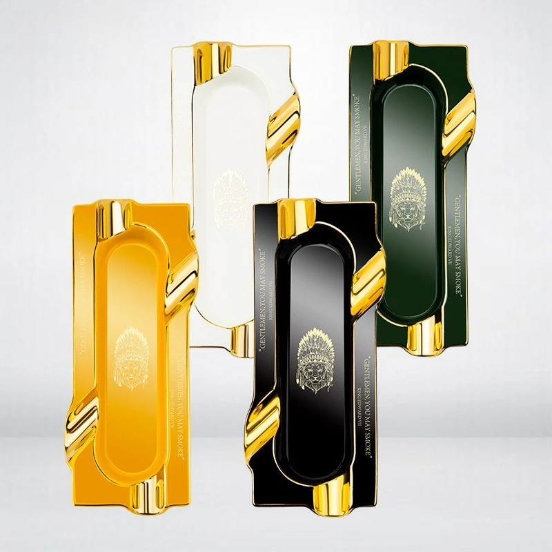Rectangular Gilded Ceramic Cigar Ashtray, Four Slots Large Capacity Desktop Ash Holder