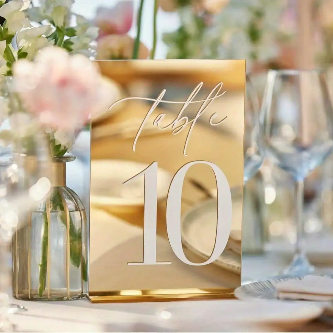 Gold Acrylic Mirror Number Table Signs, 12*18CM Wedding Table Numbers With Stands Wedding decorations
