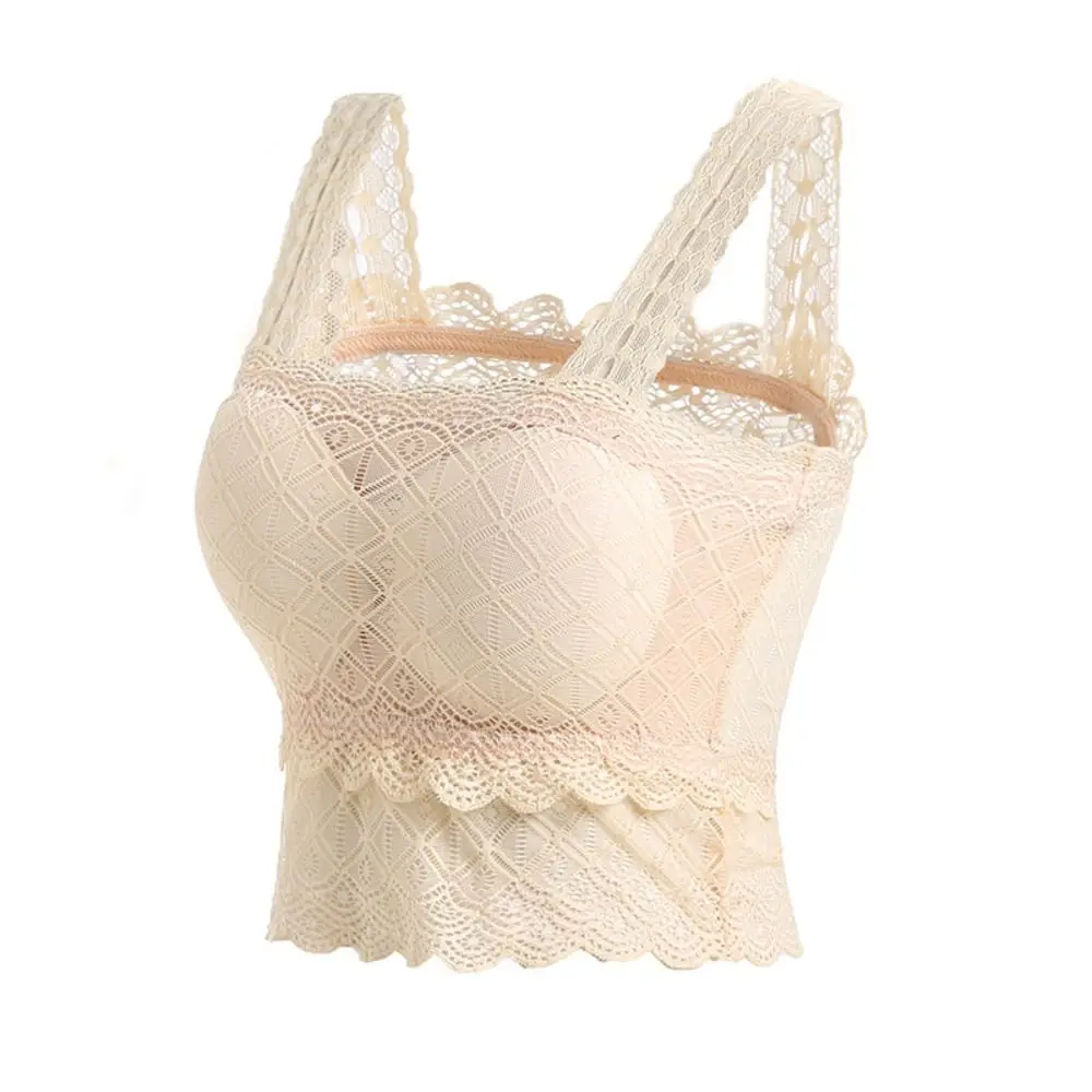 

Fashion Mesh Hollow Lace Crop Top Thin Undershirt Lace Flower Vest Top Anti-glare Underwear Camisole Bra with Pad Beach